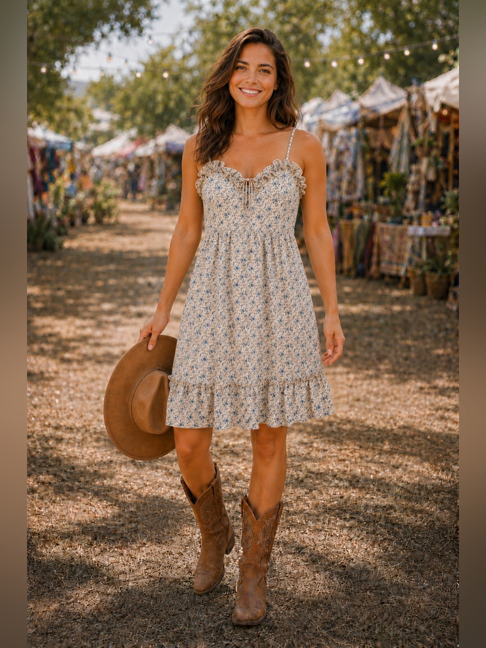 Dress Forum Ruffled Spaghetti Strap Mini Dress Tan Blue Ditsy Floral Sundress, S